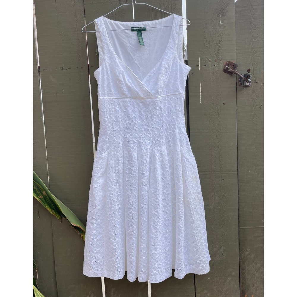 Lauren Ralph Lauren Eyelet Cotton Dress Size 6 White Sleeveless Pockets Shower